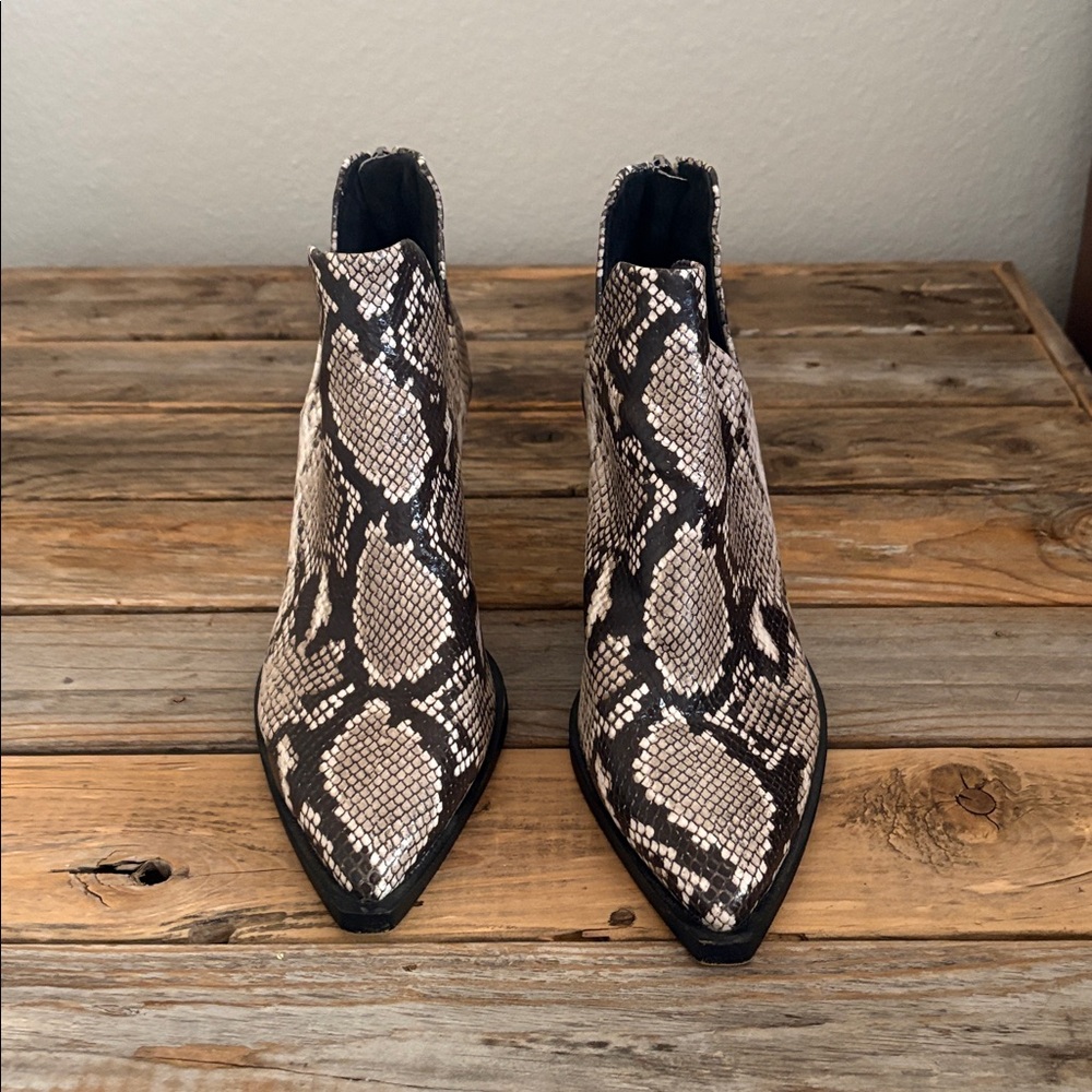Vince Camuto Snake Print Ankle Booties in Black and Cream